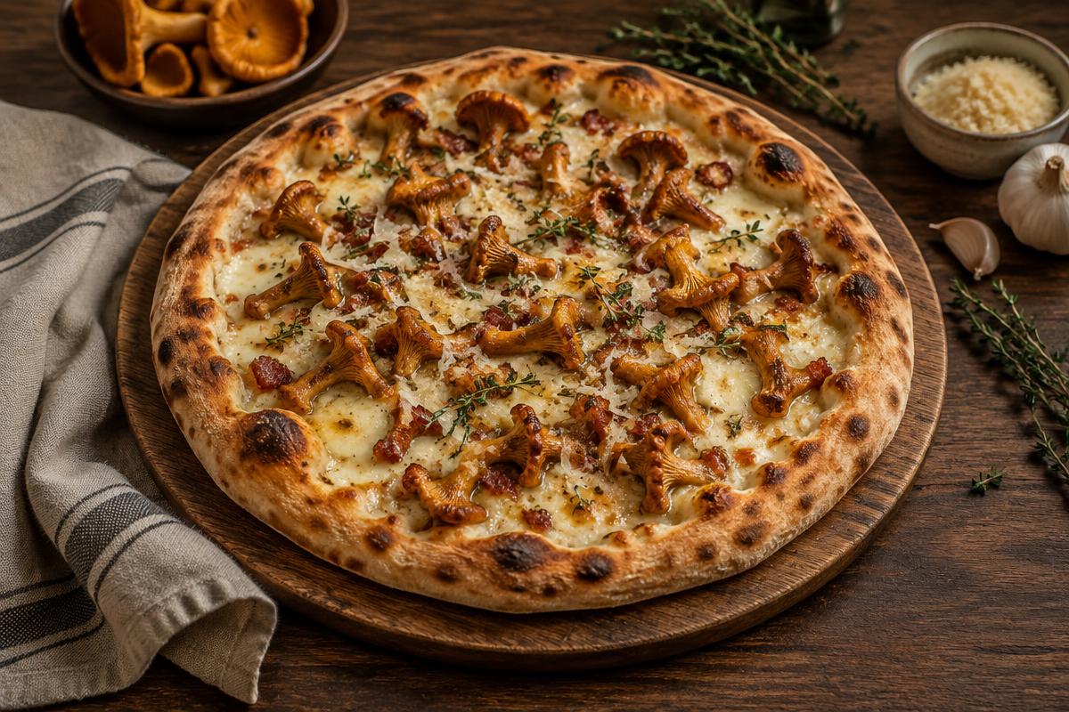 Hel kantarellpizza med pancetta, Västerbottensost, fior di latte och timjan
