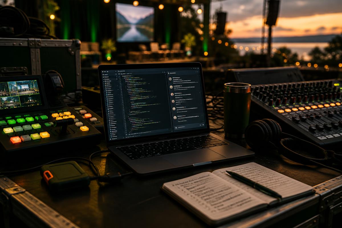 En produktionsbänk i skenet av en solnedgång med laptop, ljudmixer, bildmixer och en anteckningsbok