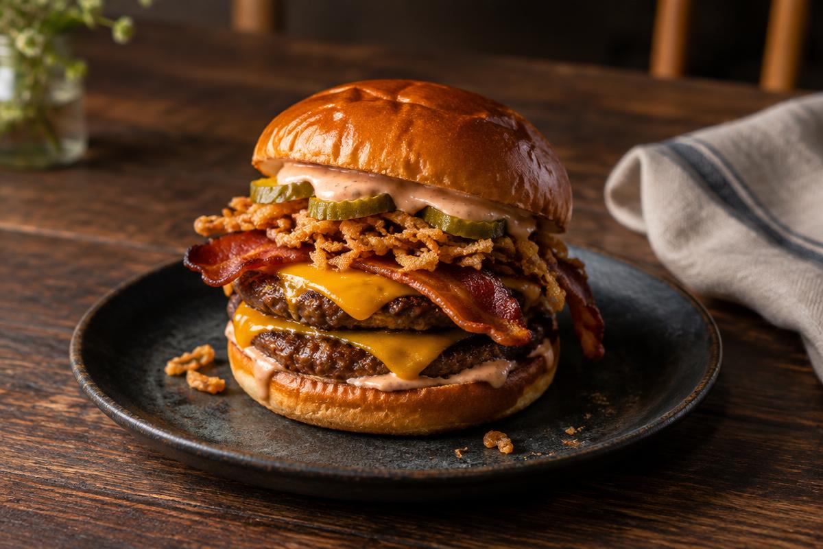 Alexander-burgaren med dubbel cheddar, bacon, stekt lök och egen sås