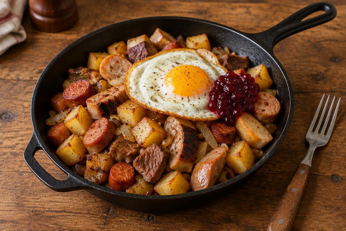 Lyxpytt i gjutjärnspanna: krispig stekt potatis, bitar av olika korvar och kött, stekt lök, med stekt ägg och lingon på toppen