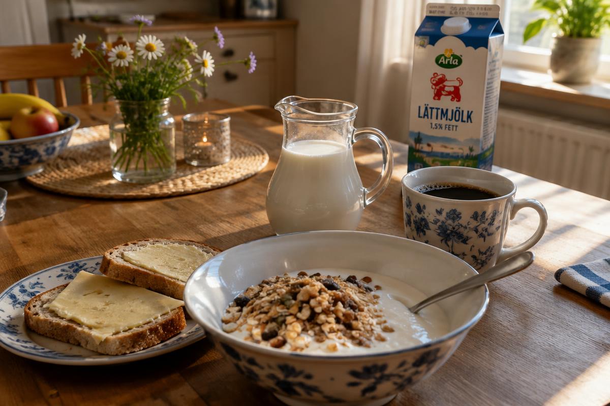 Frukostbord i morgonljus med en liten kanna mjölk, skål med filmjölk och müsli, smörgåsar och kaffe, paketet är ännu stängd i bakgrunden