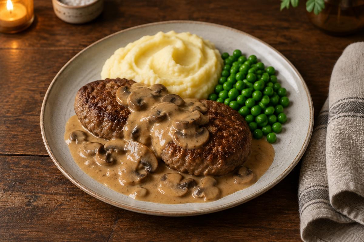 Bistrobiffar med svampsås, potatispuré och gröna ärter