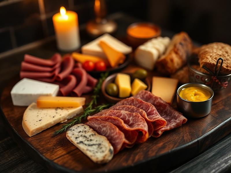 Nordisk deli-uppsättning med charkuterier och ost