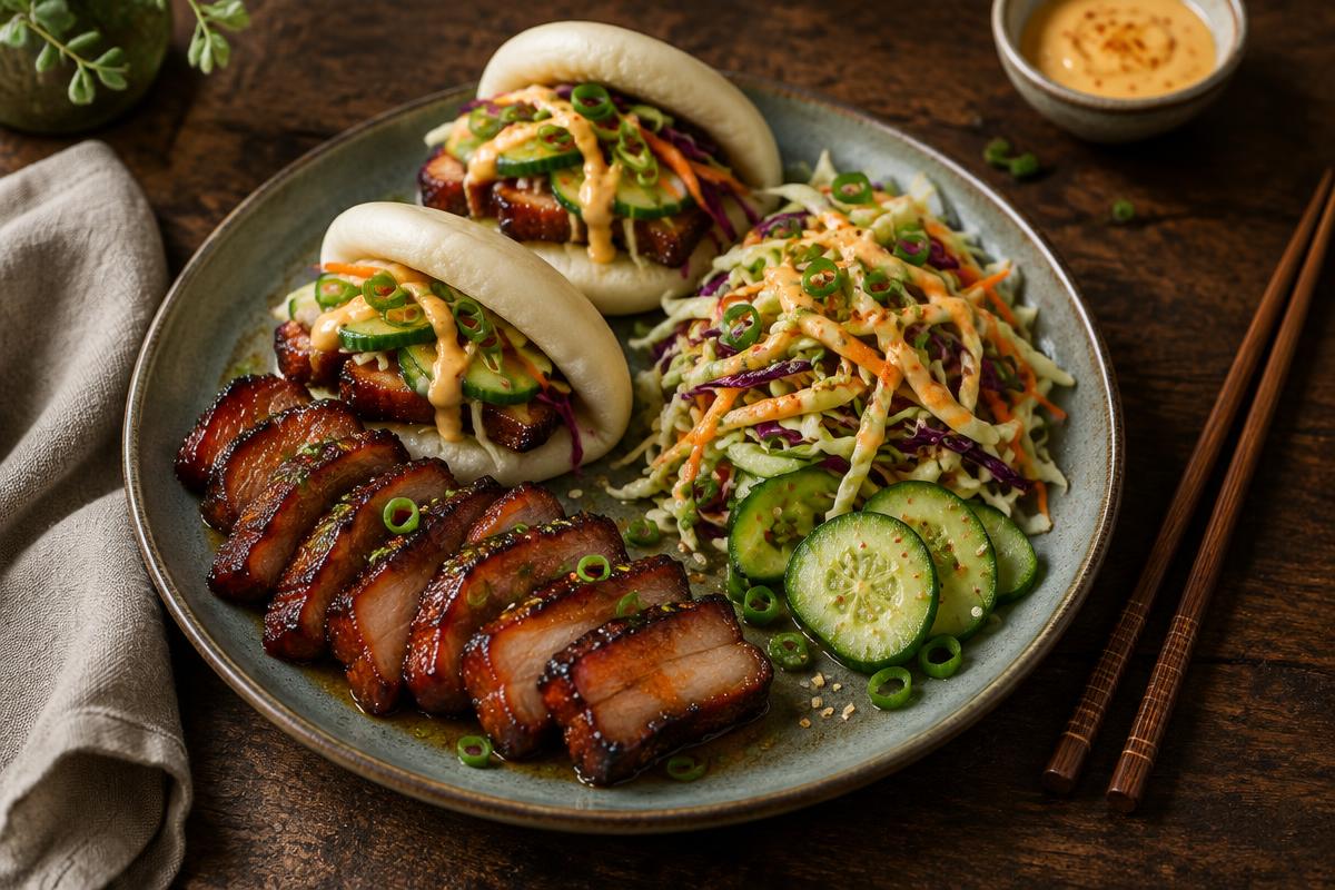 Kina-karrén med glaserad fläskkarré, bao, veckosallad, gurka och Mango Hot Lemon-majo