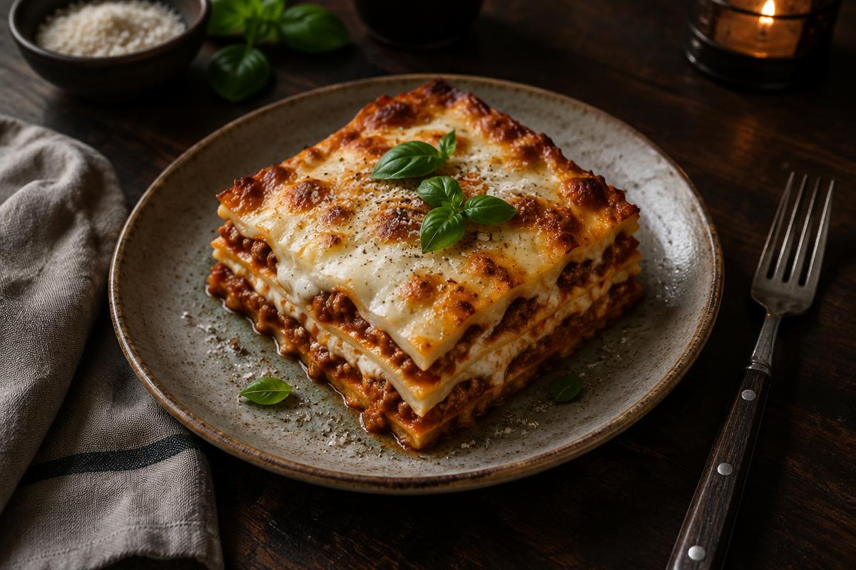 En färdig bit lasagne med tydliga lager av färska plattor, ragu, béchamel och smält ost