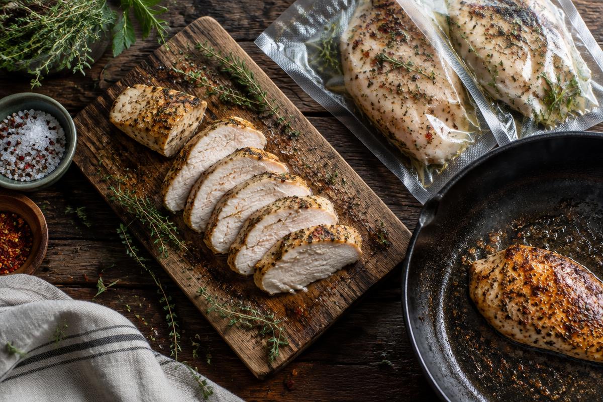 Skivad saftig sous vide-kyckling med vakuumpåsar och stekpanna