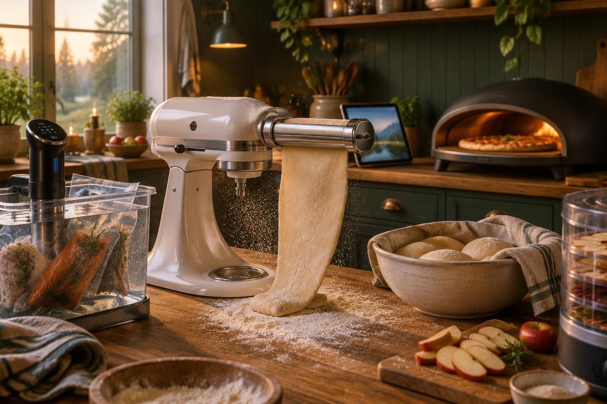 Varmt kök med degmaskin som rullar pasta, sous vide-behållare, pizzaugn och degbollar i en skål