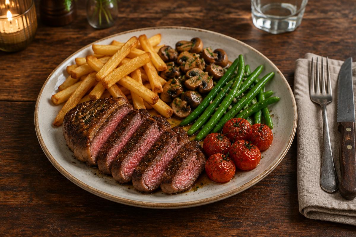 Ryggbiff med pommes, vitlöksstekta champinjoner, haricots verts och tomater