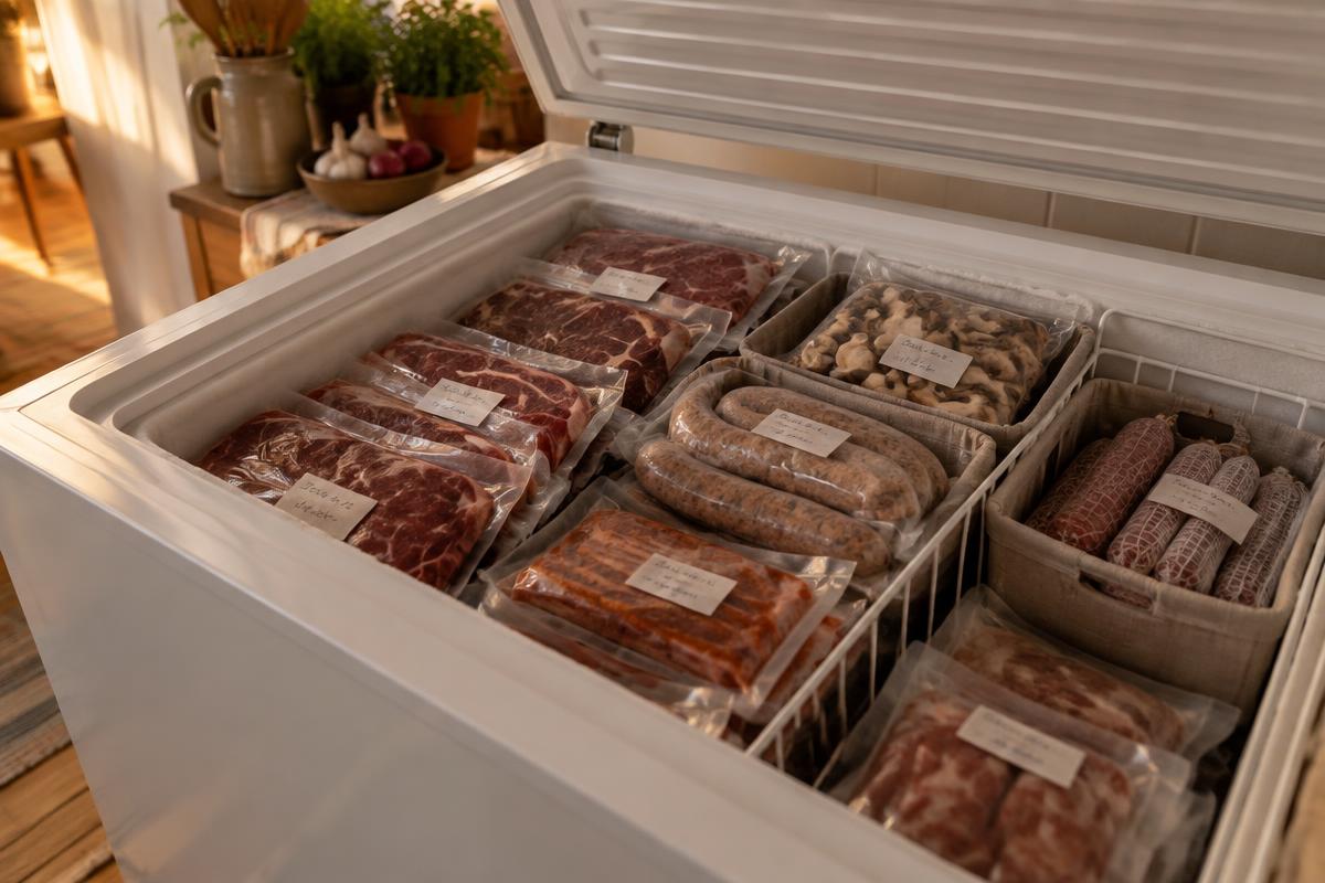 En välorganiserad frys med vakuumpackade råvaror, korvar, svamp och kött i tydligt märkta påsar och korgar