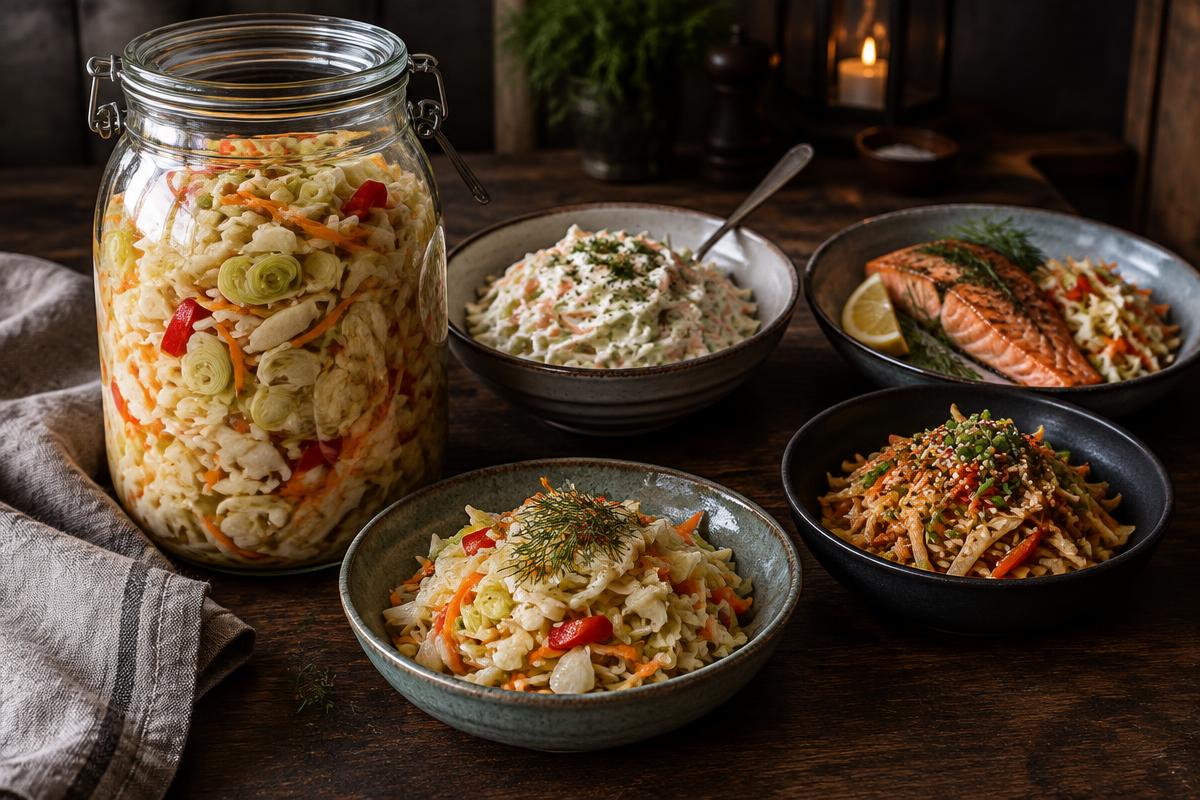 En stor burk med veckosallad av vitkål, morot, purjolök och paprika, med skålar av coleslaw, laxsallad och asiatisk variant bredvid